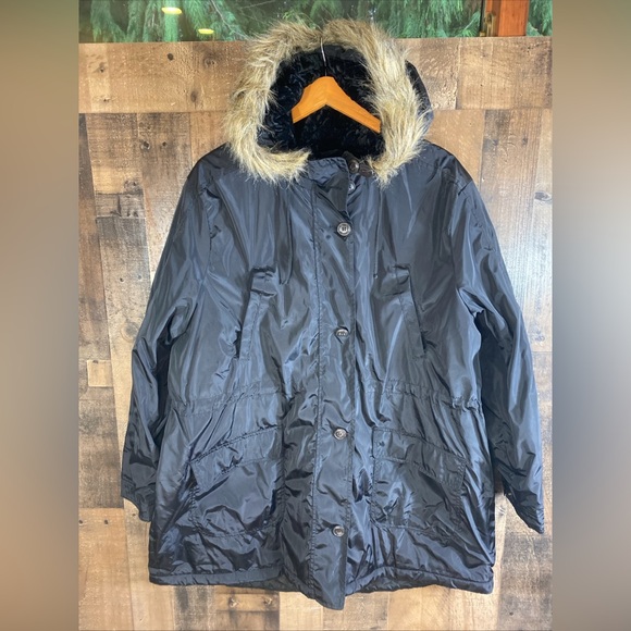 Arizona Jean Company Jackets & Blazers - Arizona Jeans Co Womens Black Jacket Faux Fur Hood Rain Slick Jrs Plus 3X
